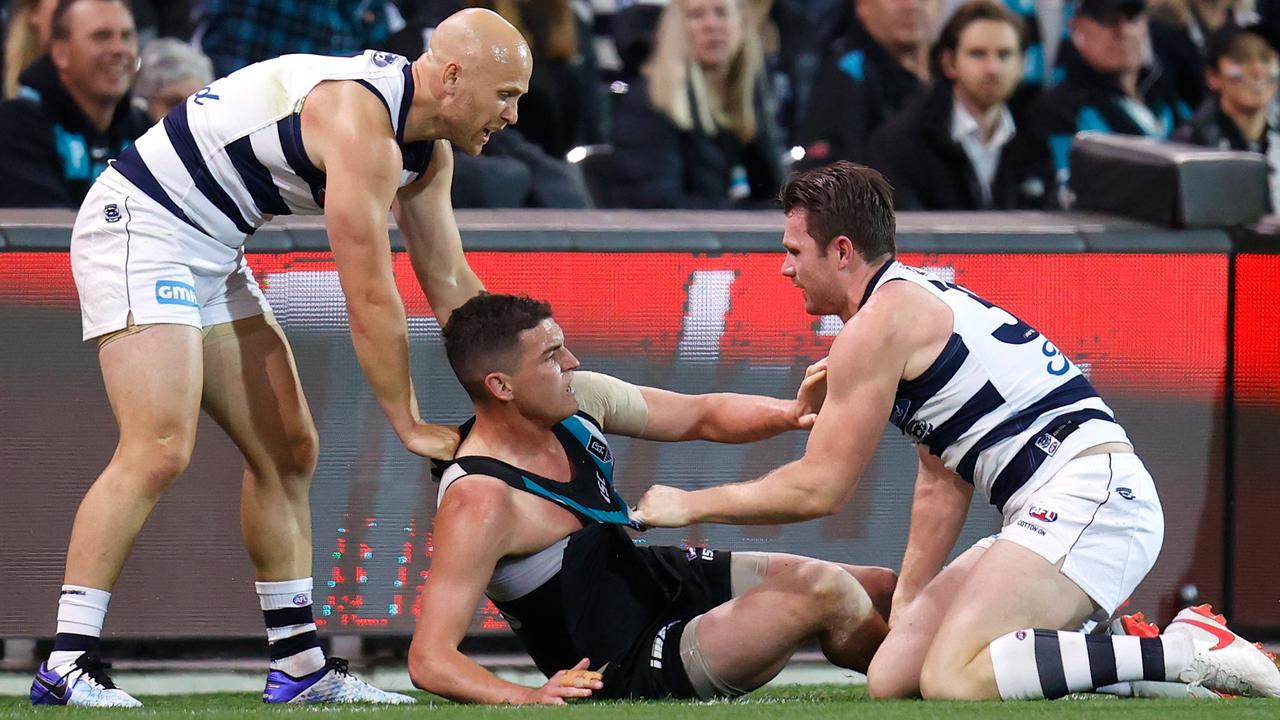 Tom Rockliff was hard-nosed all night, summing up Port Adelaide. (Photo by Michael Willson/AFL Photos via Getty Images)
