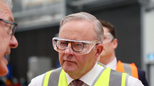 Anthony Albanese visits the Rheinmetall factory in Ipswich, southwest of Brisbane, on Tuesday. Picture: NCA NewsWire / Tertius Pickard