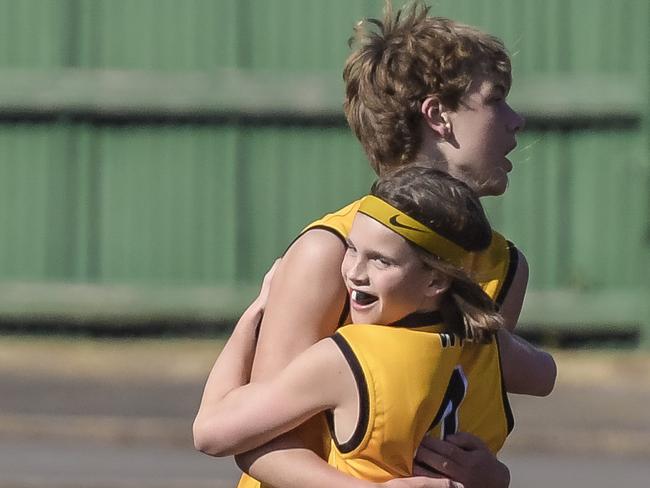 SSA U12 Footy Champs day three.NSW (Blue) vs Western Australia (Yellow) wins 4-9 to 2-3 NSW.Tuesday 9 August 2022 Pic Roy VanDerVegt