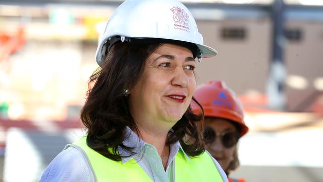 Premier Annastacia Palaszczuk toured the Indooroopilly State High School multipurpose shelter construction site in 2020. Picture: Liam Kidston