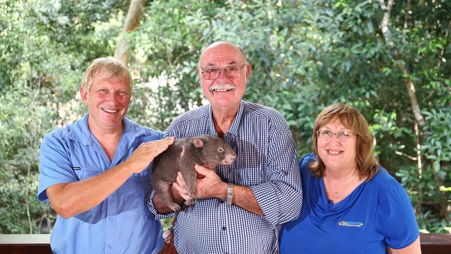 Hartley's Crocodile Adventures has named a baby wombat after Member for Leichhardt and close friend Warren Entsch. Hartley's owners Peter and Angela Freeman with Member for Leichhardt Warren Entsch and his wombat namesake. Picture: Brendan Radke