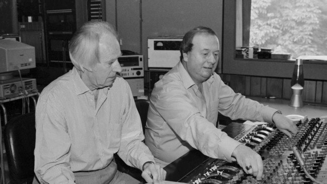 George Martin, who produced Abbey Road, with Geoff Emerick, the Beatles’ studio sound engineer from 1966-1970. Picture: Phil Dent/Getty Images