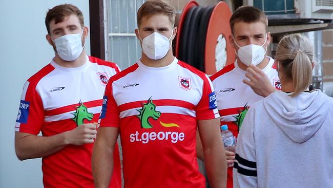 St George Illawarra Dragons players pictured at WIN Stadium in Wollongong for one of their last training sessions before all NRL clubs will relocate to the Gold Coast to keep the NRL season alive due to the Covid 19 outbreak in Sydney shutting down live sports. Players including Jack de Belin (C) after training. Picture: Toby Zerna