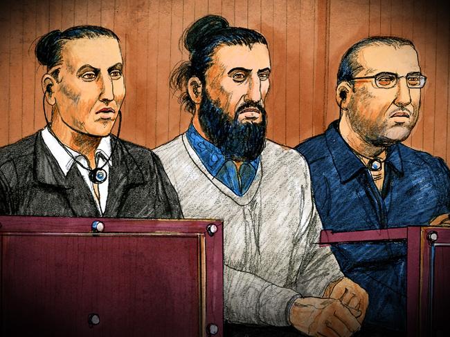 ++The Australian ONLY ++ 28-08-18 A court sketch of the three men alleged to have been planning a terrorist attack in Melbourne.- L-R - Ahmed Mohamed, 25,  Abdullah Chaarani, 27,  Hamza Abbas, 23 were charged with conspiring to carry out preparations for a terrorist attack in the CBD during the 2016 Christmas period. Prosecutors in the trial of three men accused of preparing to carry out a terrorist act in Melbourne's CBD have told court the accused were motivated by extremist jihadist ideology.Court Sketch by Jeff Hayes