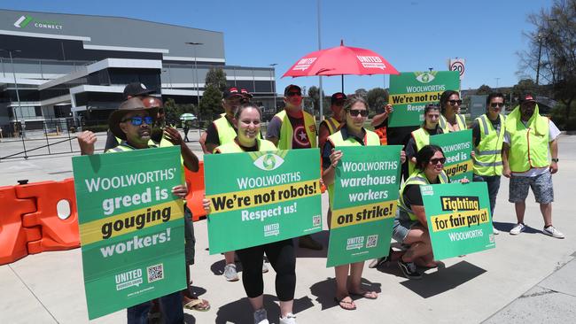 A picket line at a distribution centre in Melbourne’s Dandenong South on Thursday. Picture: David Crosling