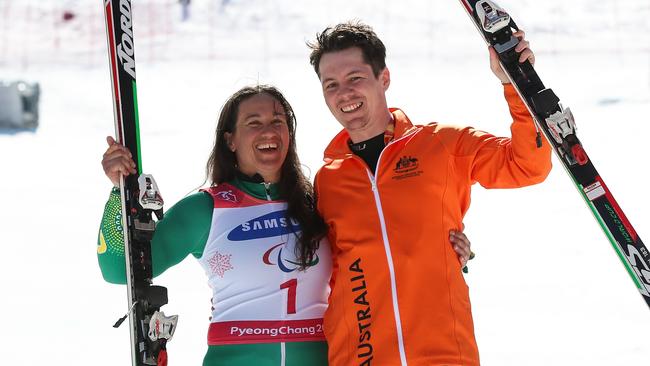 Melissa Perrine and her guide Christian Geiger after winning a bronze medal at the PyeongChang 2018 Paralympic Games. Picture: Getty Images