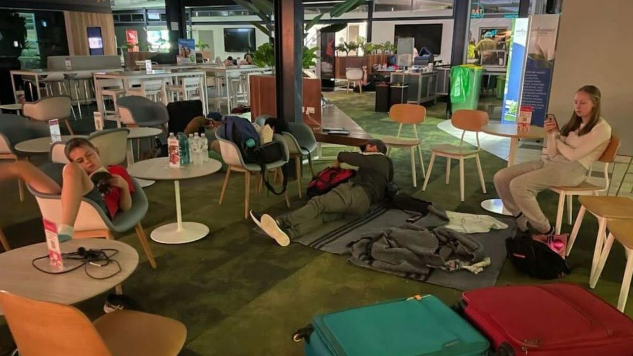 Passengers sleeping on floor of Proserpine airport. Picture: Nine