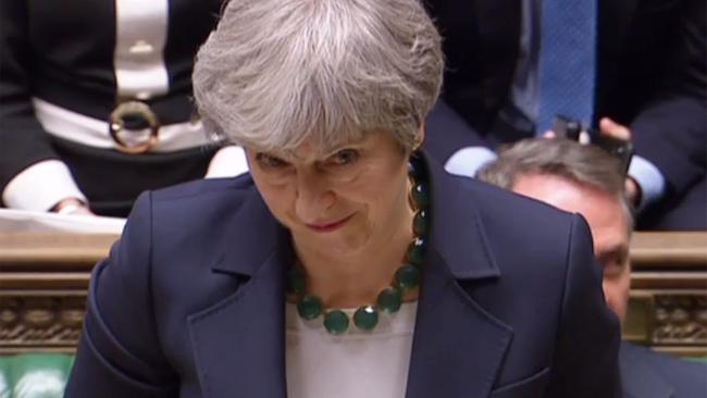 A video grab from footage broadcast by the UK Parliament's Parliamentary Recording Unit (PRU) shows Britain's Prime Minister Theresa May making a statement in the House of Commons in London on March 13, 2019 after MP's voted to reject leaving the EU with no deal. - British MPs signalled their opposition Wednesday to leaving the EU with no deal on March 29, in another blow to Prime Minister Theresa May's authority which opens the door to Britain requesting a Brexit delay. (Photo by HO / various sources / AFP) / RESTRICTED TO EDITORIAL USE - MANDATORY CREDIT " AFP PHOTO / PRU " - NO USE FOR ENTERTAINMENT, SATIRICAL, MARKETING OR ADVERTISING CAMPAIGNS