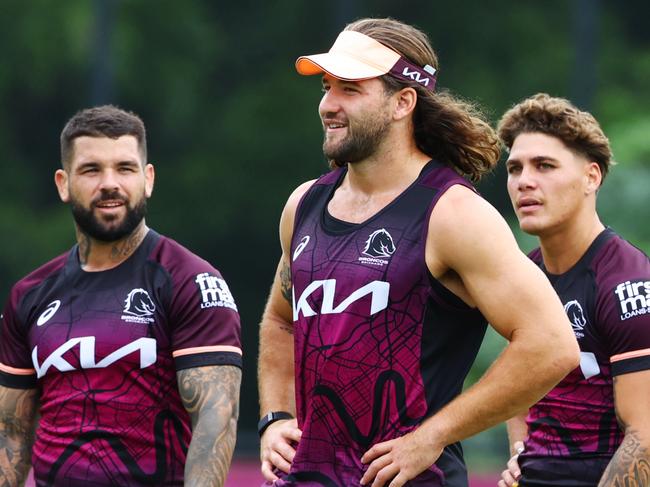 Adam Reynolds, Pat Carrigan and Reece Walsh at Broncos training at Red Hill on Thursday. Picture Lachie Millard