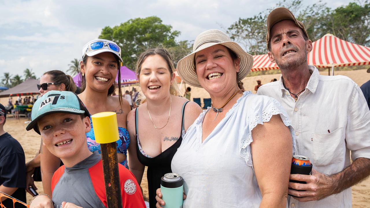 Will Gray, Ranty Labasi, Taylor Williams, Sonia Williams and Nick Williams at the Darwin Beer Can Regatta at Mindil Beach, 2023. Picture: Pema Tamang Pakhrin