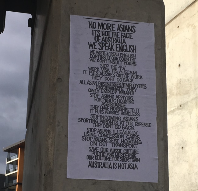 Anti-Asian posters were spotted around Top Ryde in Sydney's northwest.