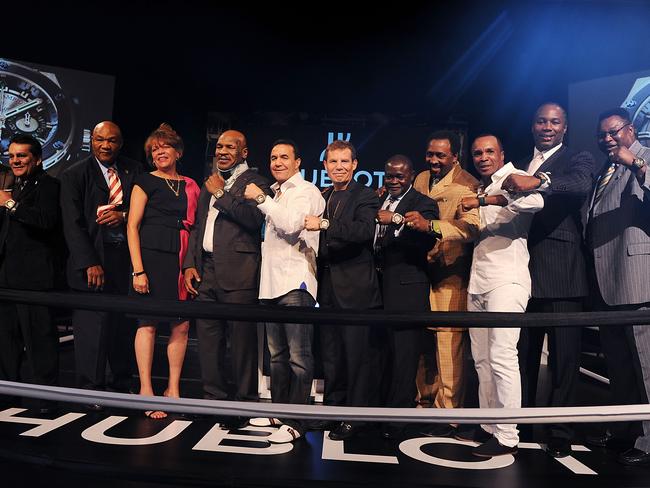 Michael Buffer, Roberto Duran, George Foreman, Mike Tyson, Jeff Fenech, Julio Cesar Chavez, Azuma Nelson, Tommy Hearns, Sugar Ray Leonard, Lennox Lewis and Larry Holmes at "A Legendary Evening With Hublot And WBC" at Bellagio Las Vegas in 2012. Picture: Denise Truscello/WireImage