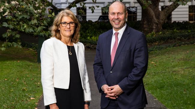 Treasurer Josh Frydenberg and new RBA deputy governor Michele Bullock in Melbourne on Thursday. Picture: AAP Image / Diego Fedele via NCA NewsWire