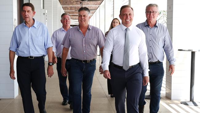 Queensland Deputy Premier Cameron Dick with Scott Stewart, Aaron Harper, Premier Steven Miles, Local Government Minister Meaghan Scanlon, and Les Walker on the first day of the Queensland Election campaign. Picture: Adam Head