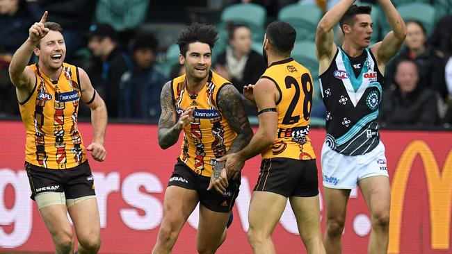 Power coach Ken Hinkley said Chad Wingard didn’t have the scoreboard impact that he could have but Wingard still got one up on his old team in their first clash since he was traded last year. Picture: Julian Smith (AAP).