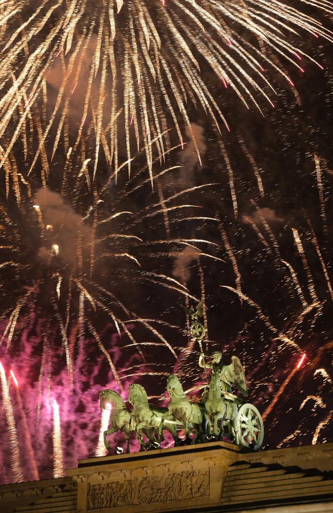 The Quadriga statue stands on the Brandenburg Gate during New Year's Eve fireworks on January 01, 2020 in Berlin. Picture: Getty