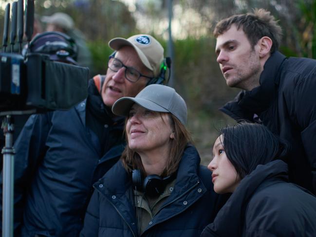 Director of photography Mark Wareham, director Cherie Nowlan, Yerin Ha as Mia and Charlie Vickers as Kieran in The Survivors. Picture: Aedan O'Donnell/Netflix