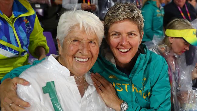 Dawn Fraser and Natalie Cook at the Beach Volleyball on day eight of the Gold Coast Commonwealth Games at Coolangatta. Picture: Getty