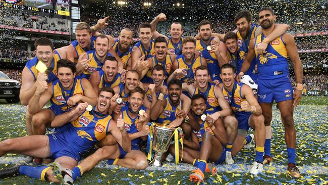 West Coast players celebrate the 2018 premiership. Picture: Michael Klein