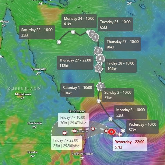 Tropical Cyclone Alfred's path down the Queensland coast.