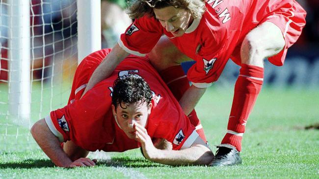 Robbie Fowler had some controversial moments, such as when he mimicked snorting drugs after scoring against Everton. Picture:  Ross Kinnaird/Allsport