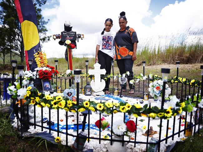 Andre Avery’s mother Danielle (right) and sister Anne-Marie at the memorial to their son and brother who died alongside Jakarl Simon in a car crash last year in Jubullum. Picture: Sam Ruttyn
