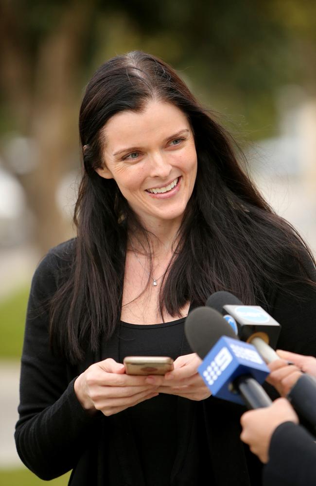 17/07/2017: Amber Harrison makes a statement outside her home, after a court ordered her to pay Channel 7's legal fees. Picture: Stuart McEvoy for the Australian.