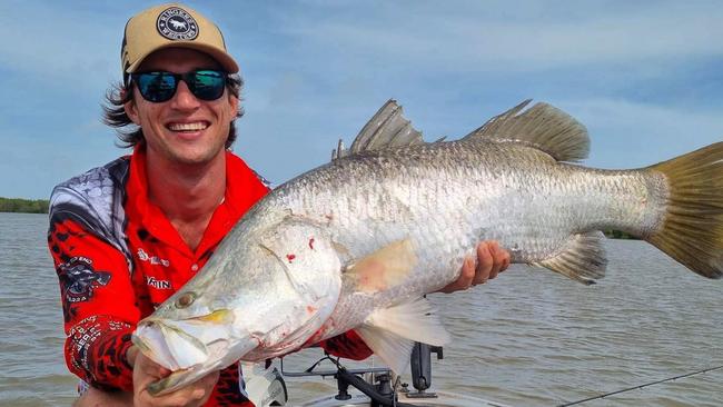 Ben Banks with his 95cm barra from a double hook-up at Shady Camp during the Top End Barra Series early this year. Picture: Supplied