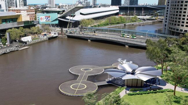 Skyportz has released its plans for a vertiport on the north bank of the Yarra River at Batman Park. Piturec: Contreras Earl and Pascall+Watson