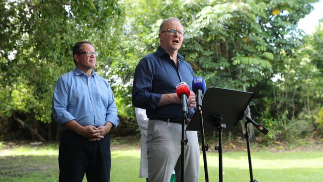 Prime Minister Anthony Albanese, Member for Solomon Luke Gosling and Minister for Indigenous Australians Malarndirri McCarthy spoke to media on December 24, 2024. Picture: Thomas McLean