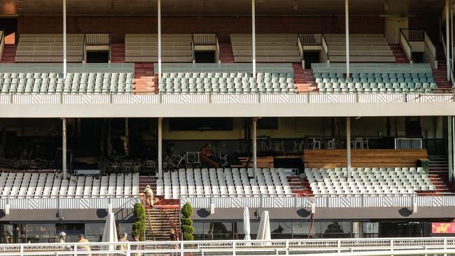 The fire caused significant damage to the stand, while restaurants underneath were water damaged. Picture: NewsWire/ Ian Currie