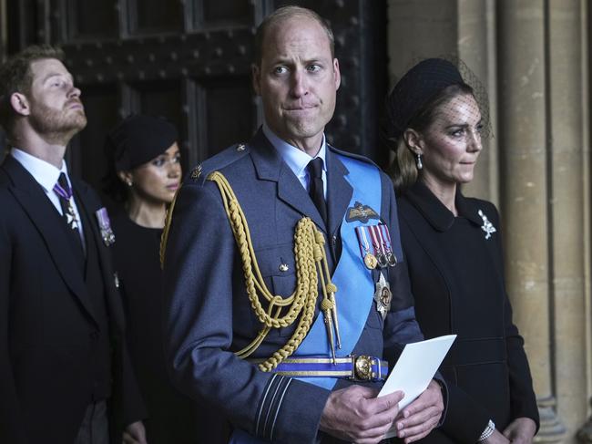 Prince William, Prince of Wales, Catherine, Princess of Wales, Prince Harry, Duke of Sussex, and Meghan, Duchess of Sussex leave after escorting the coffin of Queen Elizabeth II to Westminster Hall from Buckingham Palace for her lying in state, on September 14, 2022 in London. Picture: Emilio Morenatti – WPA Pool/Getty Images