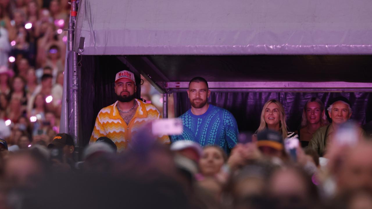 Travis Kelce watches on as Taylor Swift entertains the Sydney crowd. Picture: Richard Dobson