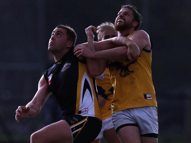 Glen Chivers of Balwyn contests a boundary throw in with  Jacob Castricum of Vermont during the EFL Division one match between Balwyn and Vermont played at Cherry Road Balwyn on Saturday 8th April, 2017. Picture: Mark Dadswell