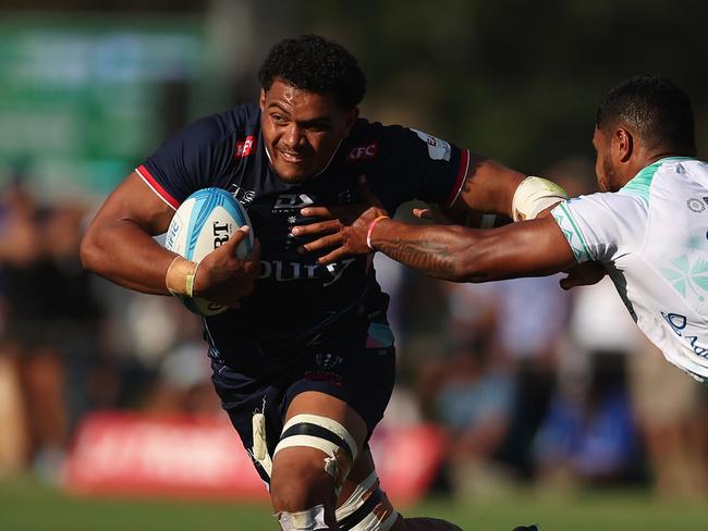 MELBOURNE, AUSTRALIA - FEBRUARY 16: Vaiolini Ekuasi of the Rebels runs with the ball during the Super Rugby Pacific Pre-Season Match between Melbourne Rebels and Fijian Drua at Gosch's Paddock on February 16, 2024 in Melbourne, Australia. (Photo by Daniel Pockett/Getty Images)