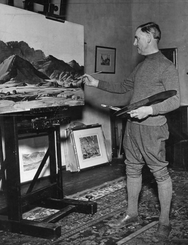 Artist Hans Heysen painting in his studio at The Cedars, Hahndorf, in the 1940s.