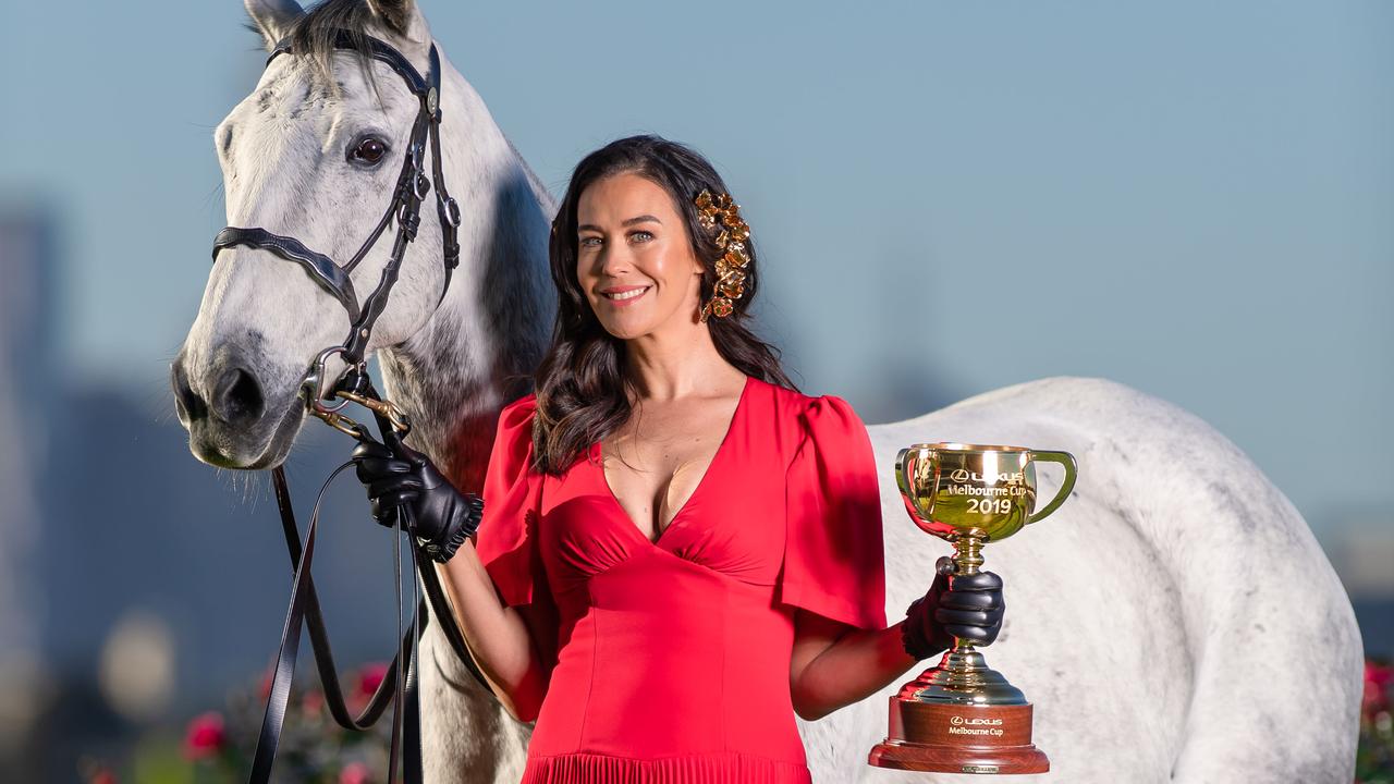 Megan Gale with the 2019 Lexus Melbourne Cup and Horse Gunner in June. Picture: Jason Edwards