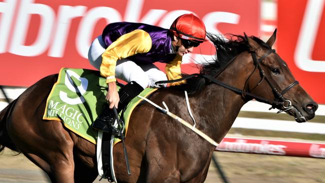 Sassy Boom (Liam Riordan) winning the 2YO Tasmanian Magic Millions Classic in Launceston on Sunday. Picture: Peter Staples