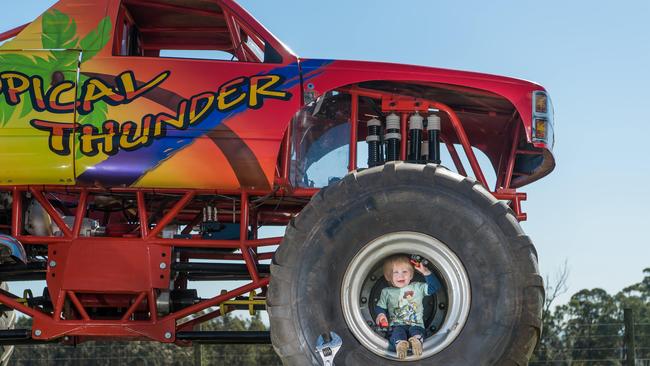 Jasper, 2, thinks the V8 Tropical Thunder monster truck is wheely big. Picture: Jason Edwards