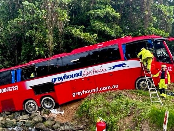 Fifteen people were injured after a Greyhound bus crashed off the Bruce Hwy down an embankment. Picture: Supplied