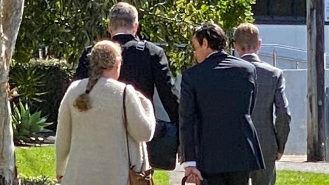 Convicted drug trafficker Phaedra Joy Barrett (left) with her barrister Lincoln Crowley leaving Maroochydore District Court. Picture: Maddie Manwaring