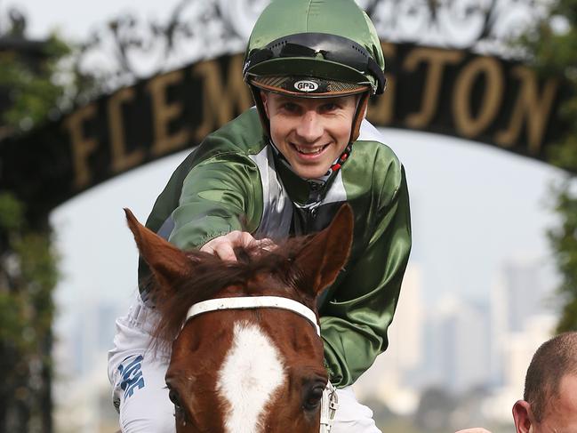 Turnbull Stakes Day at Flemington Racecourse, Melbourne. 05/10/2019. Race 7. The Turnbull Stakes over 2000 meters.  Jockey Jye McNeil returns to scale after he rode Kings Will Dream to victory in the Turnbull Stakes   .   Picture: Michael Klein.