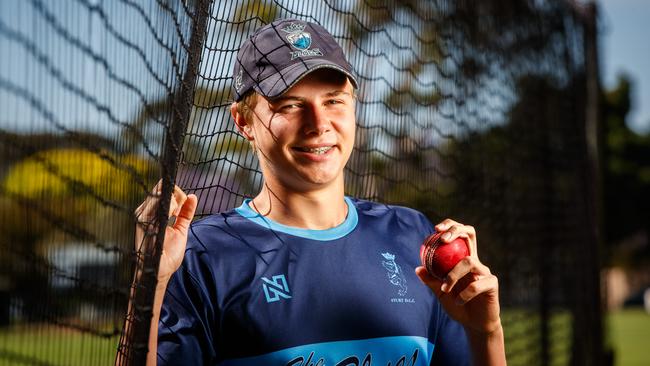 Harry Lemmey’s stellar first over came in his A grade debut for Sturt. Picture: Matt Turner