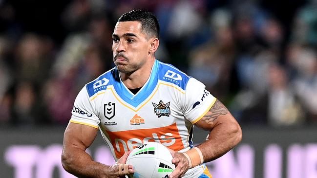 SUNSHINE COAST, AUSTRALIA - JUNE 05: Jamal Fogarty of the Titans runs with the ball during the round 13 NRL match between the Melbourne Storm and the Gold Coast Titans at Sunshine Coast Stadium, on June 05, 2021, in Sunshine Coast, Australia. (Photo by Bradley Kanaris/Getty Images)