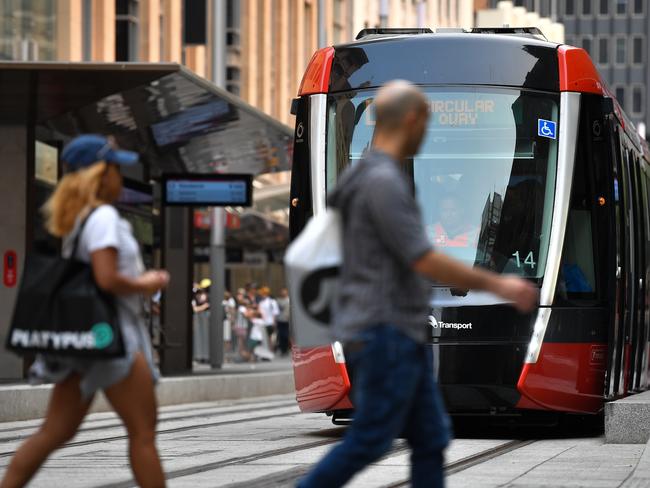 Sydney's light rail is seen along George Street in Sydney, Saturday, December 14, 2019. (AAP Image/Paul Braven) NO ARCHIVING