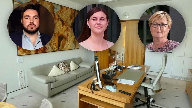 Bruce Lehrmann, Brittany Higgins, Linda Reynolds and an AFP photo of the senator’s then office in Parliament House.