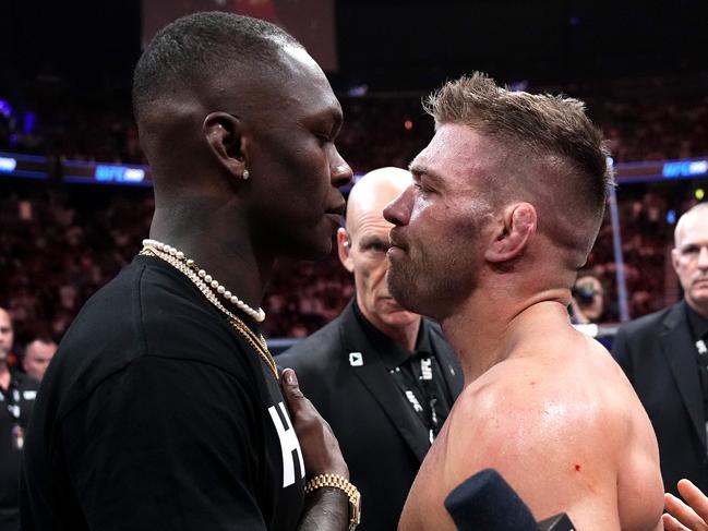 Israel Adesanya confronts du Plessis in a wild exchange. Picture: Jeff Bottari/Zuffa LLC via Getty Images