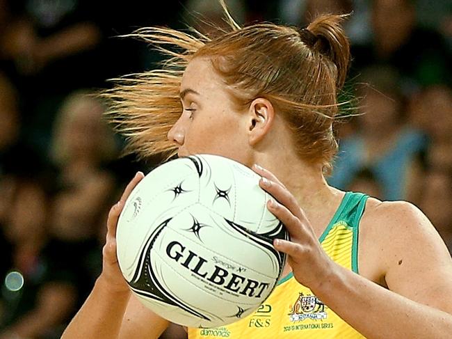 Stephanie Wood of the Diamonds during the Netball Quad Series match between the South African Proteas and the Australian Diamonds at Spark Arena in Auckland, New Zealand, Saturday, September 15, 2018. (AAP Image/David Rowland) NO ARCHIVING, EDITORIAL USE ONLY