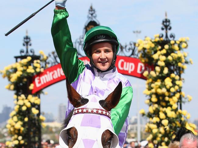 Michelle Payne after riding Prince Of Penzance to win the 2015 Melbourne Cup. Picture: Getty Images