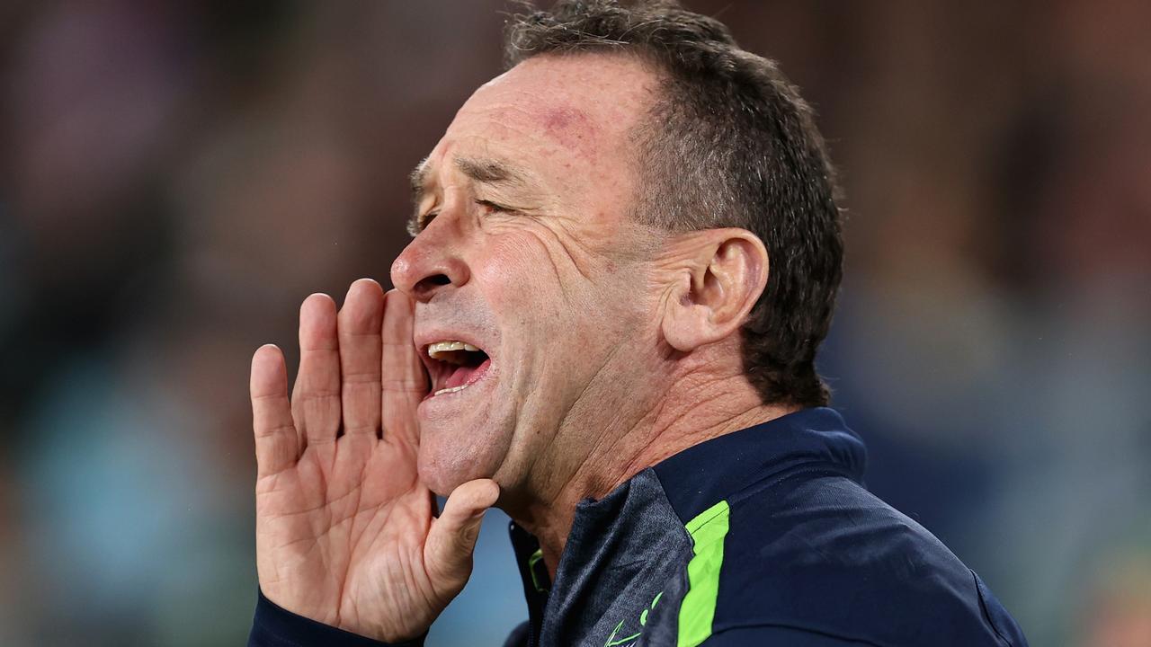 SYDNEY, AUSTRALIA - MAY 27: Raiders coach Ricky Stuart watches from the sideline during the round 13 NRL match between South Sydney Rabbitohs and Canberra Raiders at Accor Stadium on May 27, 2023 in Sydney, Australia. (Photo by Brendon Thorne/Getty Images)